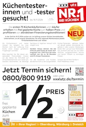 Aktueller XXXLutz Möbelhäuser Möbel & Einrichtung Prospekt in Mudau und Umgebung, "Küchentesterinnen und -tester gesucht!" mit 2 Seiten, 04.11.2024 - 17.11.2024