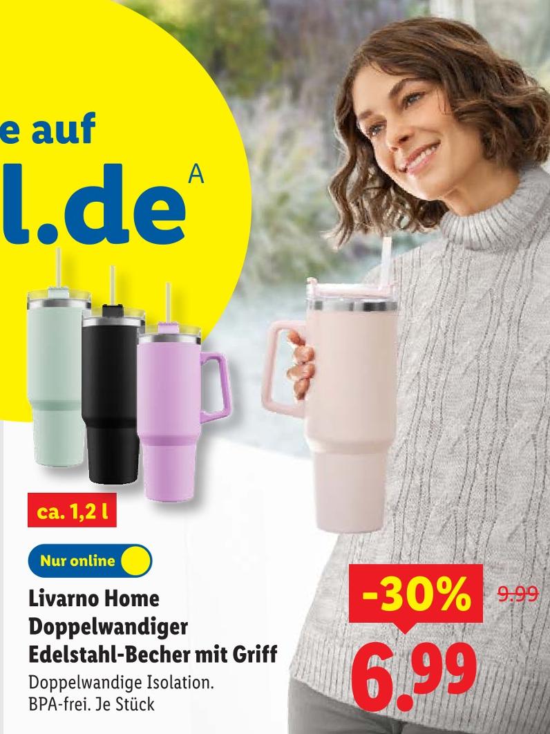 Doppelwandiger Edelstahl-Becher mit Griff