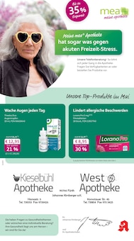 mea - meine apotheke Prospekt der Woche "Unsere Mai-Angebote" Seite 1, 01.05.2026 bis 31.05.2026 für Fürth Aktueller mea - meine apotheke Prospekt "Unsere Mai-Angebote" Seite 1 von 4 Seiten für Fürth