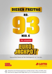 Lotto Baden-Württemberg Prospekt "Diesen Freitag rund 93 Mio. im Jackpot" für Gerstetten, 1 Seite, 25.01.2023 - 27.01.2023 Lotto Baden-Württemberg Prospekt "Diesen Freitag rund 93 Mio. im Jackpot" für Gerstetten, 1 Seite, 25.01.2023 - 27.01.2023