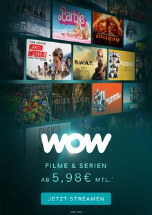 Aktueller WOW Prospekt "WOW - Filme und Serien ab 5,98€ mtl." Seite 1 von 4 Seiten für Grafling
