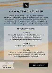 Nespresso Prospekt der aktuellen Woche, gültig von 26.05.2022 bis 27.05.2022 Aktueller Nespresso Prospekt "Kaffee: Unwiderstehlich, Angebot auch." mit 2 Seiten