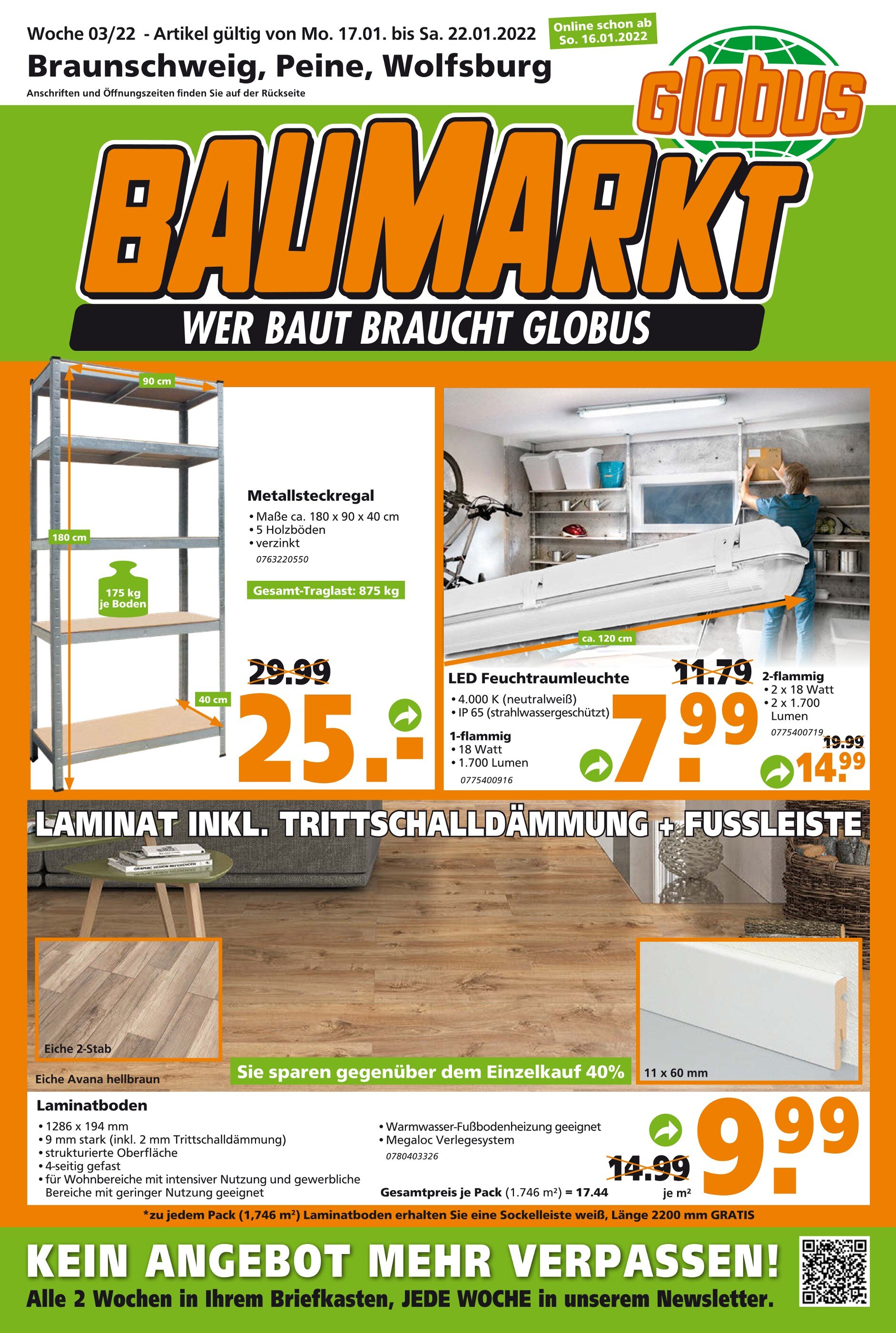 Globus-Baumarkt Prospekt für Braunschweig mit 12 Seiten Globus-Baumarkt Prospekt für Braunschweig: "WER BAUT BRAUCHT GLOBUS", 12 Seiten, 16.01.2022 - 22.01.2022