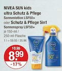 SUN kids ultra Schutz & Pflege Sonnenlotion LSF50+ im Angebot bei V-Markt in Kaufbeuren SUN kids ultra Schutz & Pflege Sonnenlotion LSF50+ Angebote von NIVEA bei V-Markt Kaufbeuren für 8,99 €