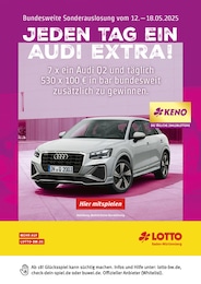 Lotto Baden-Württemberg Prospekt für Bahnstock mit 1 Seite Lotto Baden-Württemberg Prospekt für Bahnstock: "JEDEN TAG EIN AUDI EXTRA!", 1 Seite, 12.05.2025 - 17.05.2025
