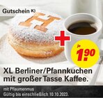 XL Berliner/Pfannkuchen mit großer Tasse Kaffee. für 1,90 € bei Höffner im Angebot XL Berliner/Pfannkuchen mit großer Tasse Kaffee. im aktuellen Höffner Prospekt