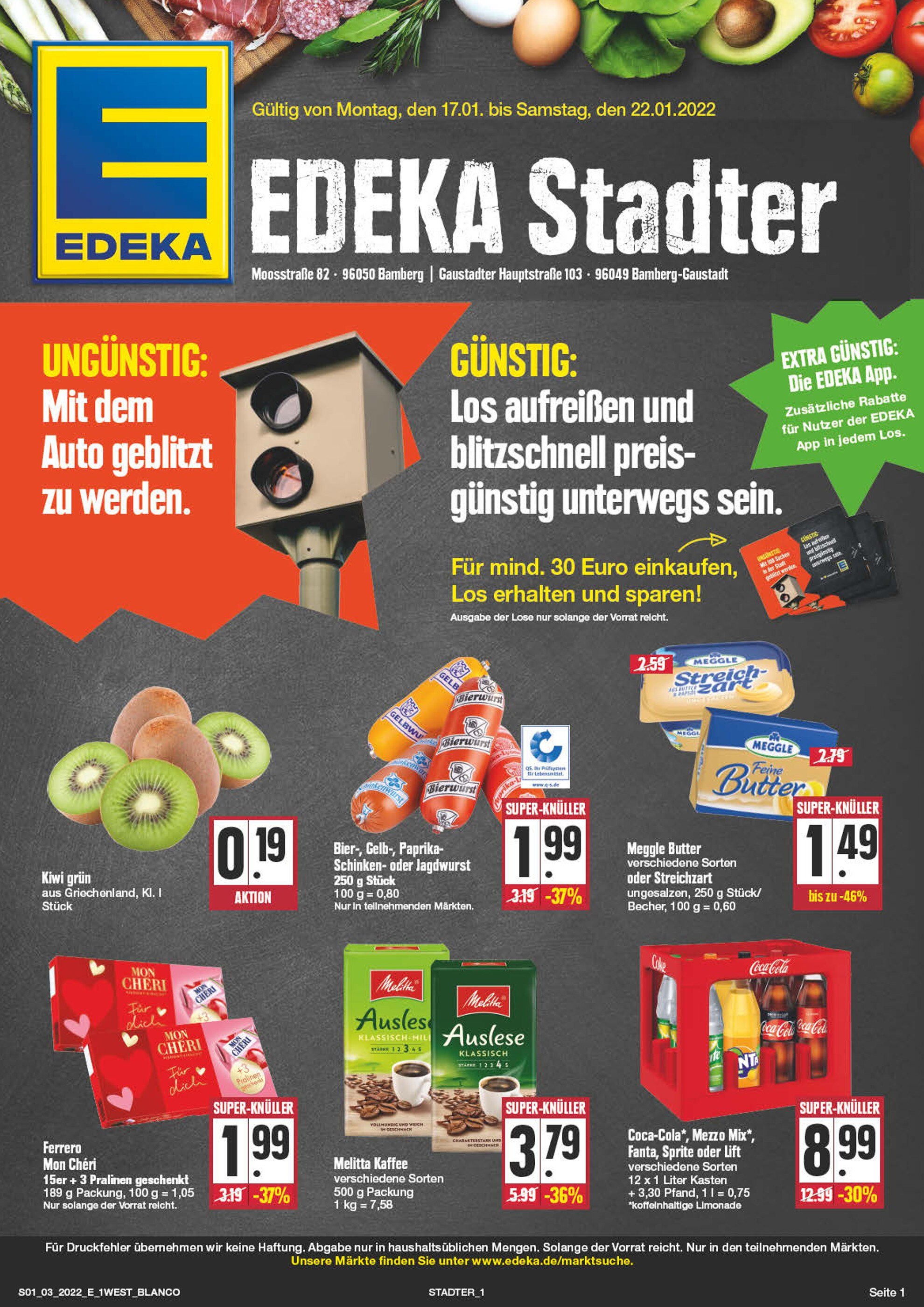 EDEKA Prospekt für Bamberg mit 24 Seiten EDEKA Prospekt für Bamberg: "Top Angebote!", 24 Seiten, 17.01.2022 - 22.01.2022