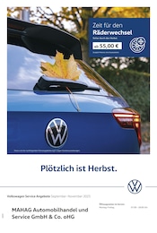 Volkswagen Werkstatt & Auto Prospekt der aktuellen Woche mit 1 Seite, gültig von 01.09.2025 bis 30.11.2025, in Feldkirchen und Umgebung Aktueller Volkswagen Werkstatt & Auto Prospekt in Feldkirchen und Umgebung, "Herbstliche Angebote." mit 1 Seite, 01.09.2025 - 30.11.2025