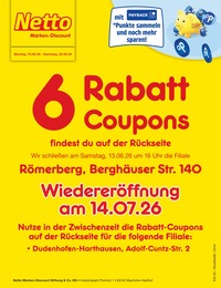 Netto Marken-Discount Prospekt für Römerberg mit 2 Seiten Netto Marken-Discount Prospekt für Römerberg: "6 Rabatt-Coupons", 2 Seiten, 15.06.2026 - 20.06.2026