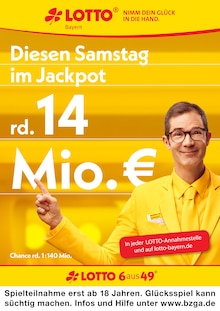 Aktueller LOTTO Bayern Prospekt "Aktueller Jackpot rund 14 Mio. €" Seite 1 von 1 Seite für Bad Tölz