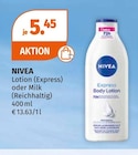 Lotion (Express) oder Milk (Reichhaltig) von NIVEA im aktuellen Müller Prospekt für 5,45 €