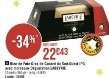 Bloc de Foie Gras de Canard du Sud-Ouest IPG avec morceaux Dégustation - Géant Casino à Neuilly-sur-Seine Bloc de Foie Gras de Canard du Sud-Ouest IPG avec morceaux Dégustation en promo chez Géant Casino Neuilly-sur-Seine à 22,43 €