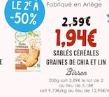 Sablés Céréales Graines de Chia et Lin - Bisson - Naturalia Sablés Céréales Graines de Chia et Lin - Bisson à 1,94 € dans le catalogue Naturalia
