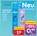 Haarspray oder -lack von jolea für 0,99 € bei Netto Marken-Discount im Angebot Haarspray oder -lack von jolea im aktuellen Netto Marken-Discount Prospekt