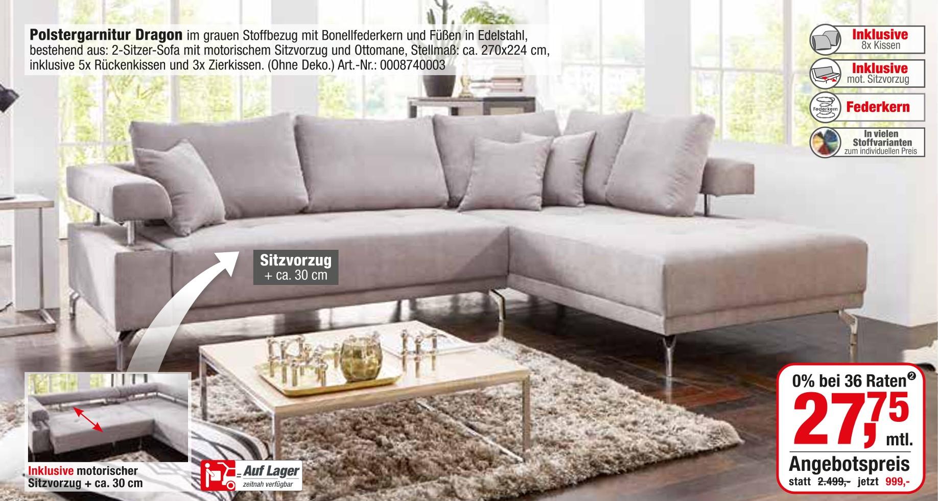 Opti-Wohnwelt Seligweiler - Polstergarnitur Dragon Polstergarnitur Dragon Angebot bei Opti-Wohnwelt Seligweiler im Prospekt 40% IN ALLEN ABTEILUNGEN
