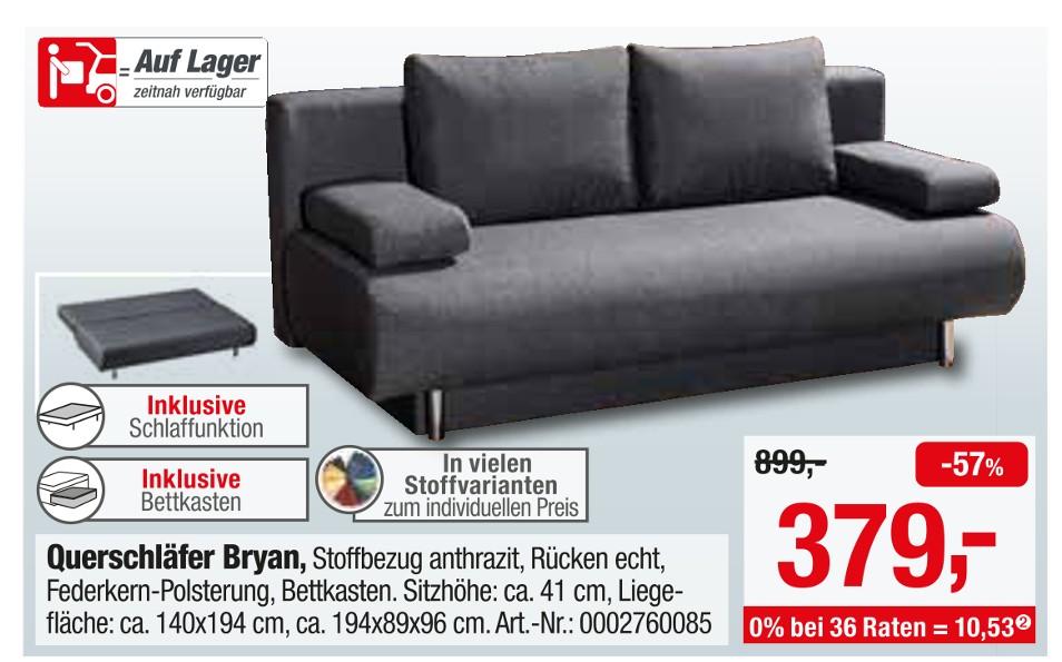 Opti-Wohnwelt Seligweiler - Querschläfer Bryan Querschläfer Bryan Angebot bei Opti-Wohnwelt Seligweiler im Prospekt 40% IN VIELEN ABTEILUNGEN!