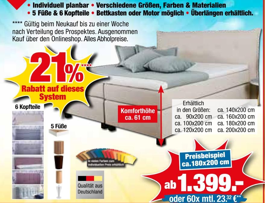 tejo's SB Lagerkauf Giersleben - Boxspringbett-System Boxspringbett-System Angebot bei tejo's SB Lagerkauf Giersleben im Prospekt 21% AUF MÖBEL, MATRATZEN UND KÜCHEN!