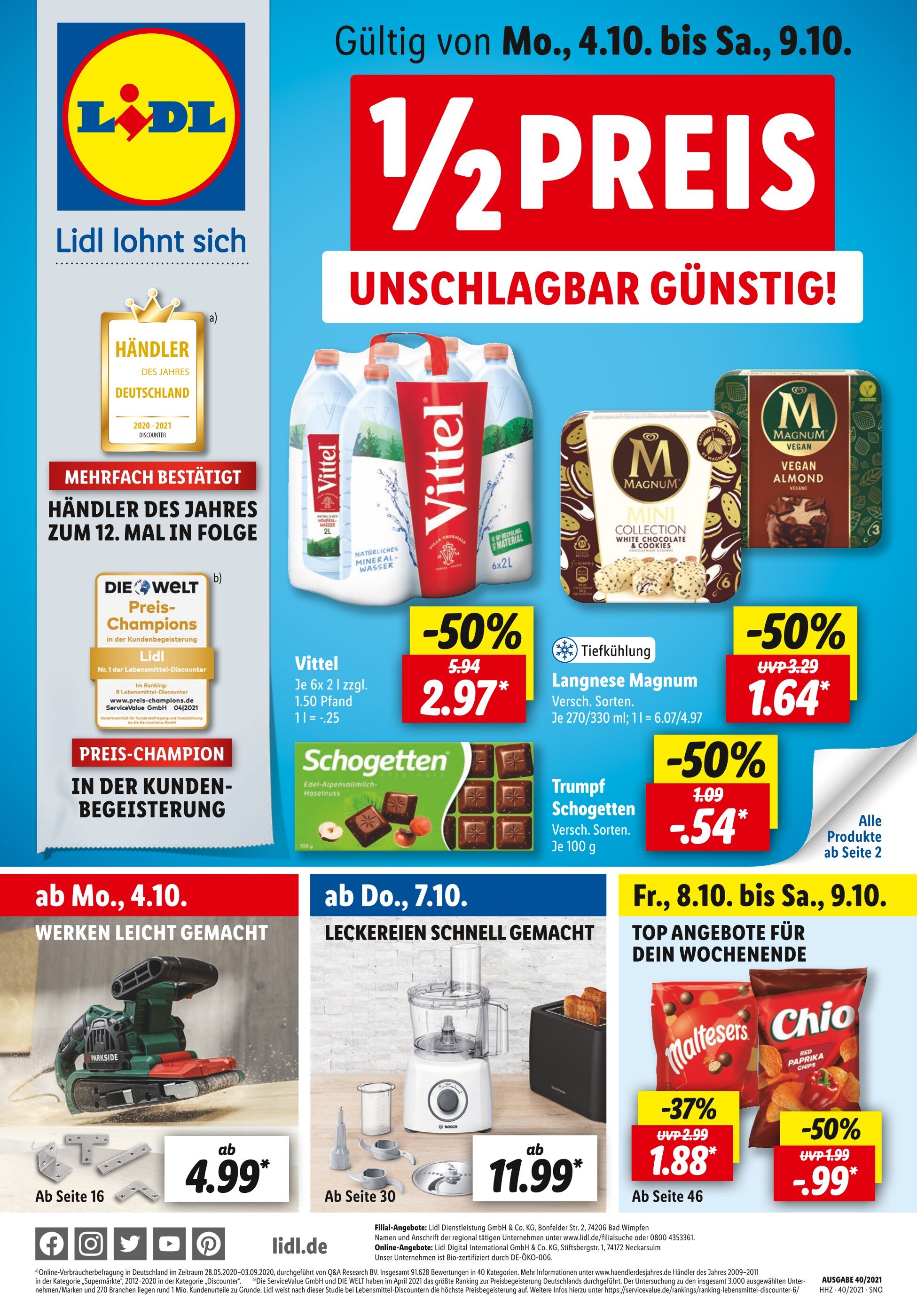 Lidl Prospekt für Biederbach mit 61 Seiten Lidl Prospekt für Biederbach: "1/2 PREIS UNSCHLAGBAR GÜNSTIG!", 61 Seiten, 04.10.2021 - 09.10.2021
