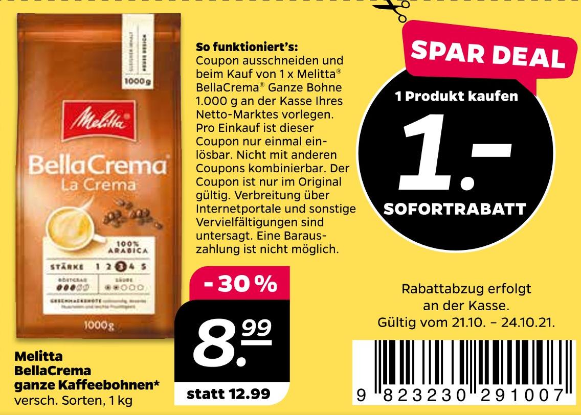 NETTO mit dem Scottie Stößen - BellaCrema ganze Kaffeebohnen BellaCrema ganze Kaffeebohnen Angebot bei NETTO mit dem Scottie Stößen im Prospekt Günstig. Besser. Für Dich.