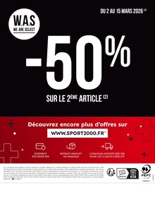 Catalogue Sport 2000 à Saint-Étienne-de-Fontbellon cette semaine, valable du 02/03/2026 au 15/03/2026 Prospectus Sport 2000 à Saint-Étienne-de-Fontbellon, "-50% sur le 2ème ARTICLE", 2 pages de promos valables du 02/03/2026 au 15/03/2026