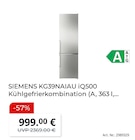 Kühlgefrierkombination KG39NAIAU iQ500 von SIEMENS im aktuellen MediaMarkt Saturn Prospekt für 999,00 €