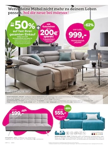 Sofa im mömax Prospekt "Bis -50% auf fast Ihren gesamten Einkauf" mit 16 Seiten (Karlsruhe)