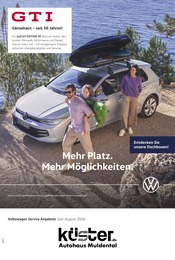 Volkswagen Werkstatt & Auto Prospekt der aktuellen Woche mit 1 Seite, gültig von 01.06.2026 bis 31.08.2026, in Großbothen und Umgebung Aktueller Volkswagen Werkstatt & Auto Prospekt in Großbothen und Umgebung, "Mehr Platz. Mehr Möglichkeiten." mit 1 Seite, 01.06.2026 - 31.08.2026