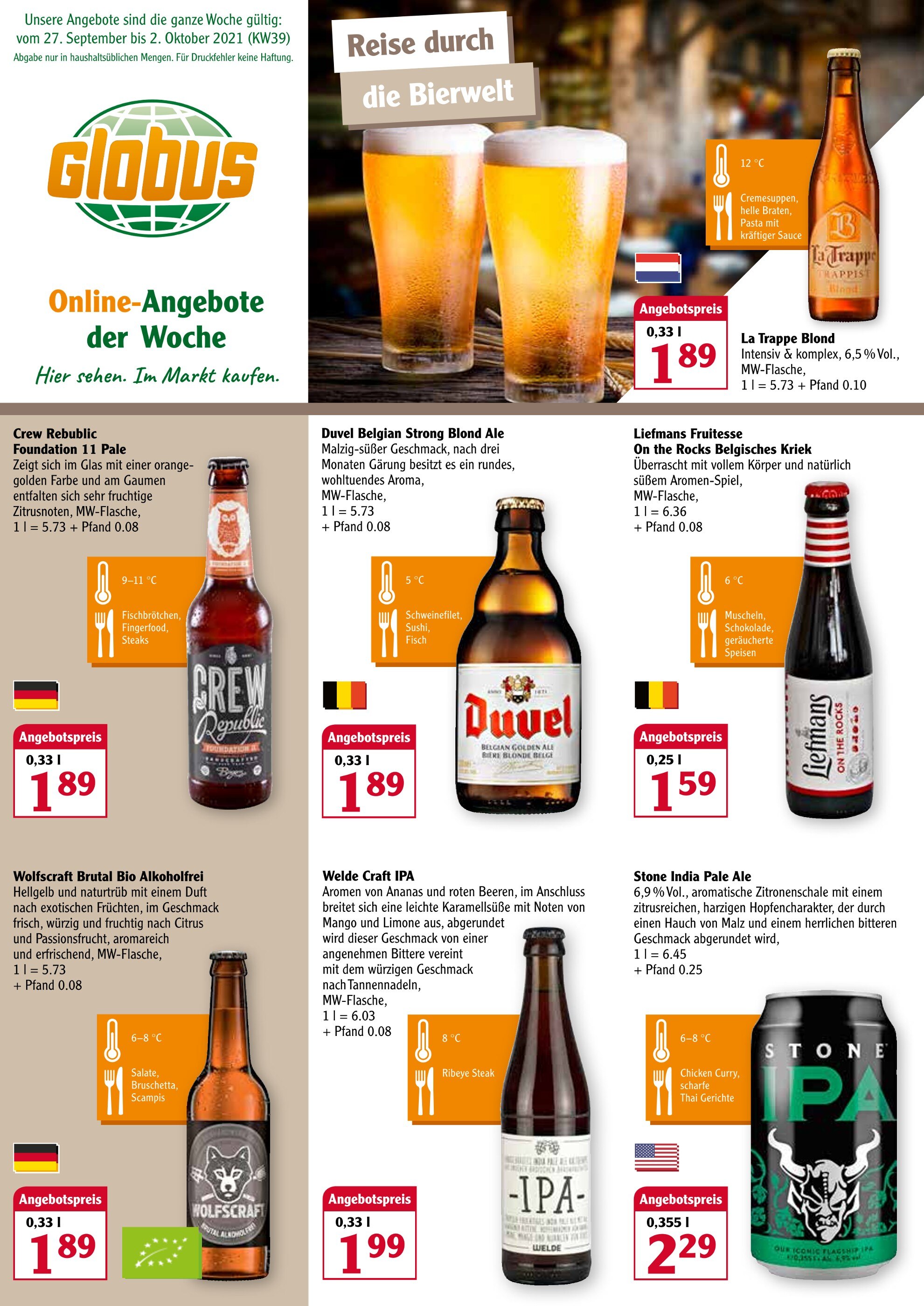 Globus Prospekt für Rodenbach mit 3 Seiten Globus Prospekt für Rodenbach: "Reise durch die Bierwelt", 3 Seiten, 27.09.2021 - 02.10.2021
