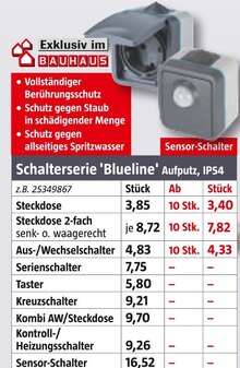 BAUHAUS Zülpich - Schalterserie 'Blueline' Aufputz, IP54 Schalterserie 'Blueline' Aufputz, IP54 Angebot bei BAUHAUS Zülpich im Prospekt "Handzettel KW 32"