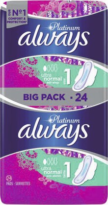 Produits - ALWAYS dans le catalogue Géant Casino Serviettes périodiques ultra normal avec ailettes Platinium - ALWAYS à 2,14 € en promo chez Géant Casino