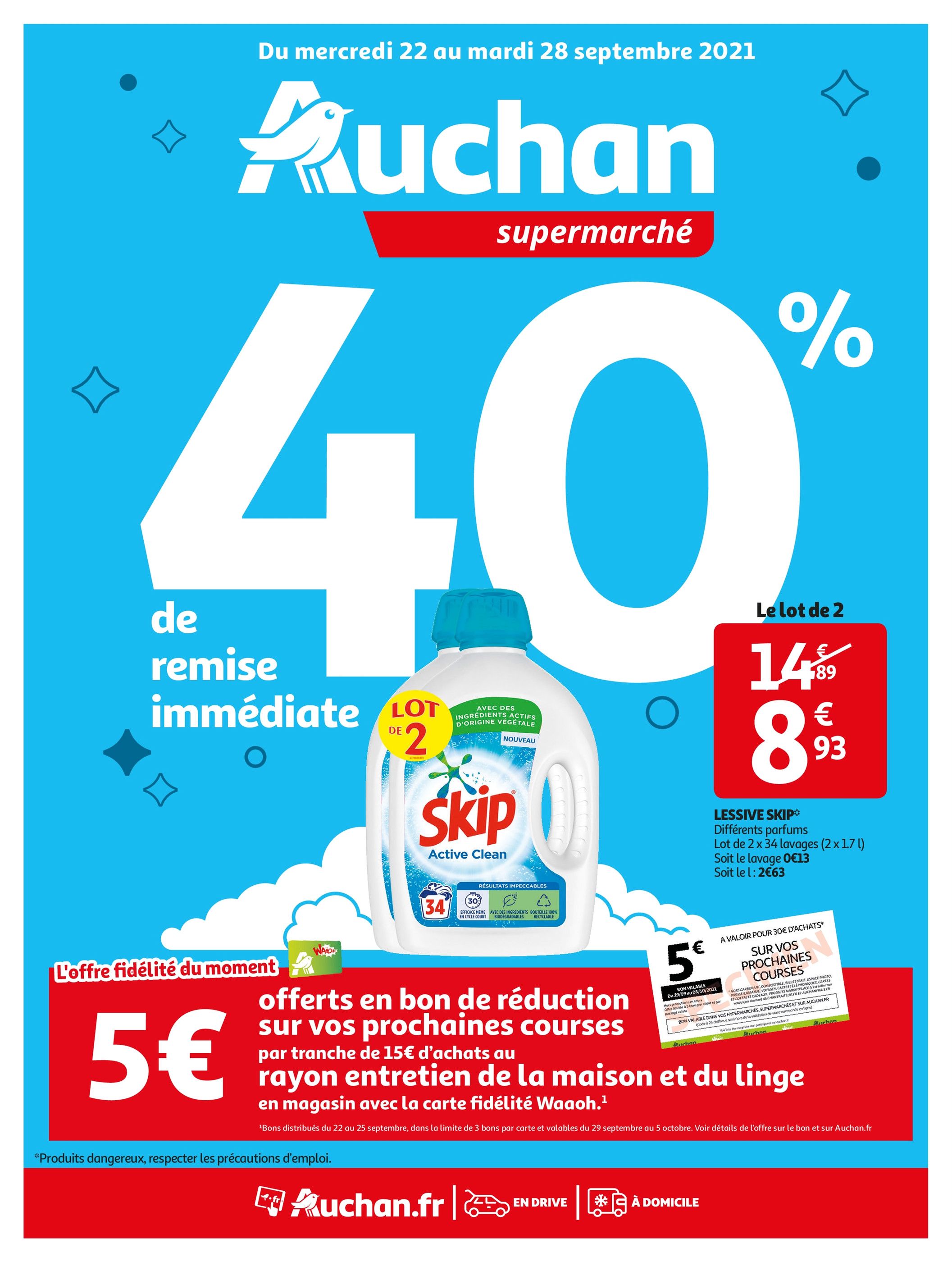 Catalogue Auchan à Le Chesnay, avec 16 pages Prospectus Auchan à Le Chesnay, "40% de remise immédiate", 16 pages, 22/09/2021 - 28/09/2021
