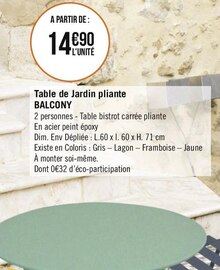 Géant Casino Maisons-Alfort - Table de Jardin pliante BALCONY Promo Table de Jardin pliante BALCONY dans le catalogue Géant Casino "Les belles inspirations jardin" à Maisons-Alfort